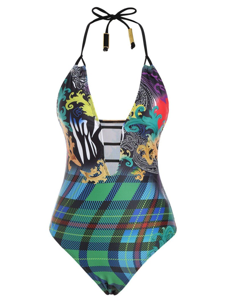 Halter Plaid Baroque Printed Metal Ladder Cutout One-piece Swimsuit