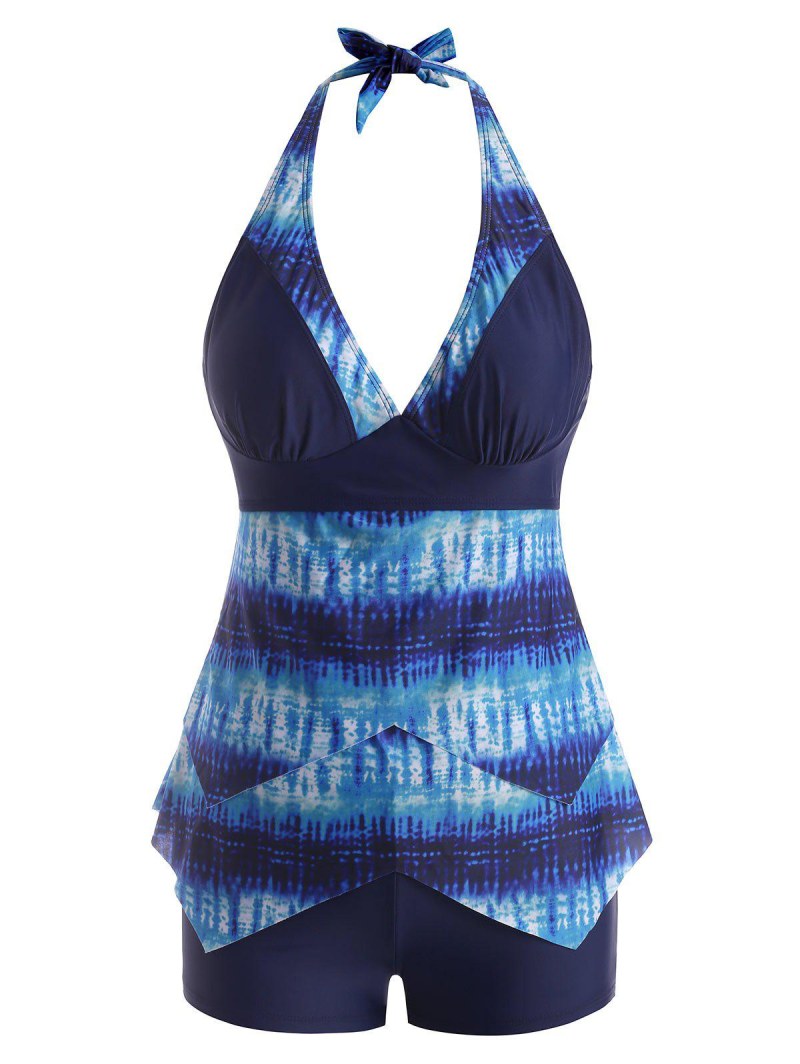 Halter Tie Dye Layered Handkerchief Tankini Swimwear