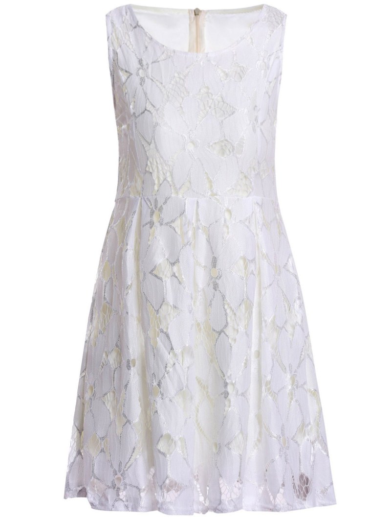 Jacquard Pleated Sleeveless Lace Dress