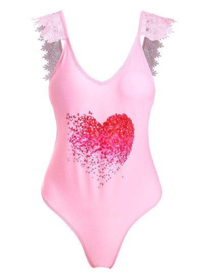 Lace Applique Plunge Heart Print Valentine Swimsuit
