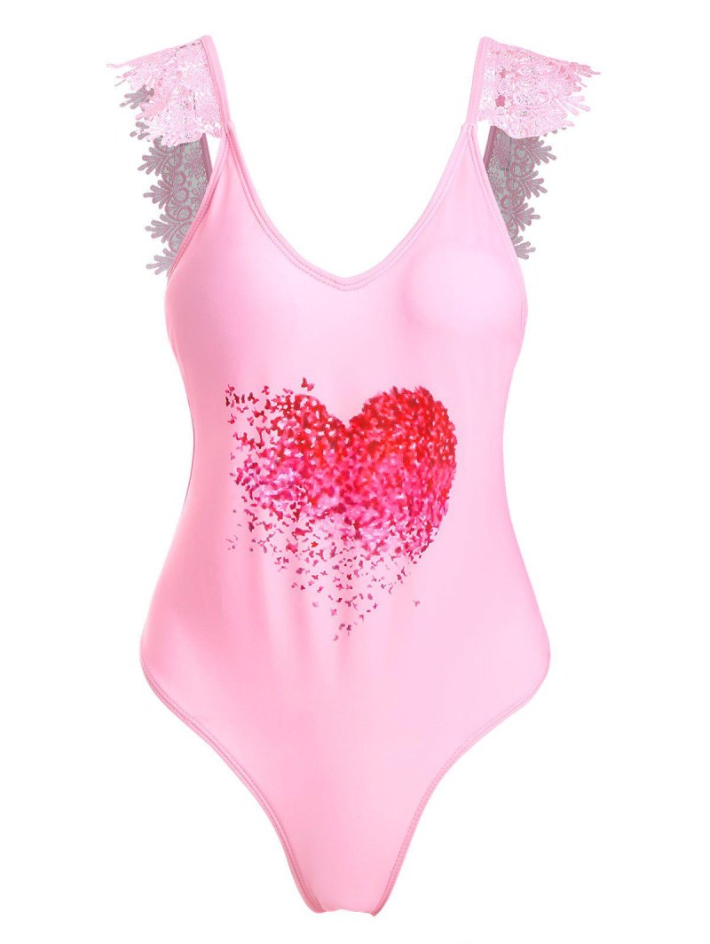 Lace Applique Plunge Heart Print Valentine Swimsuit
