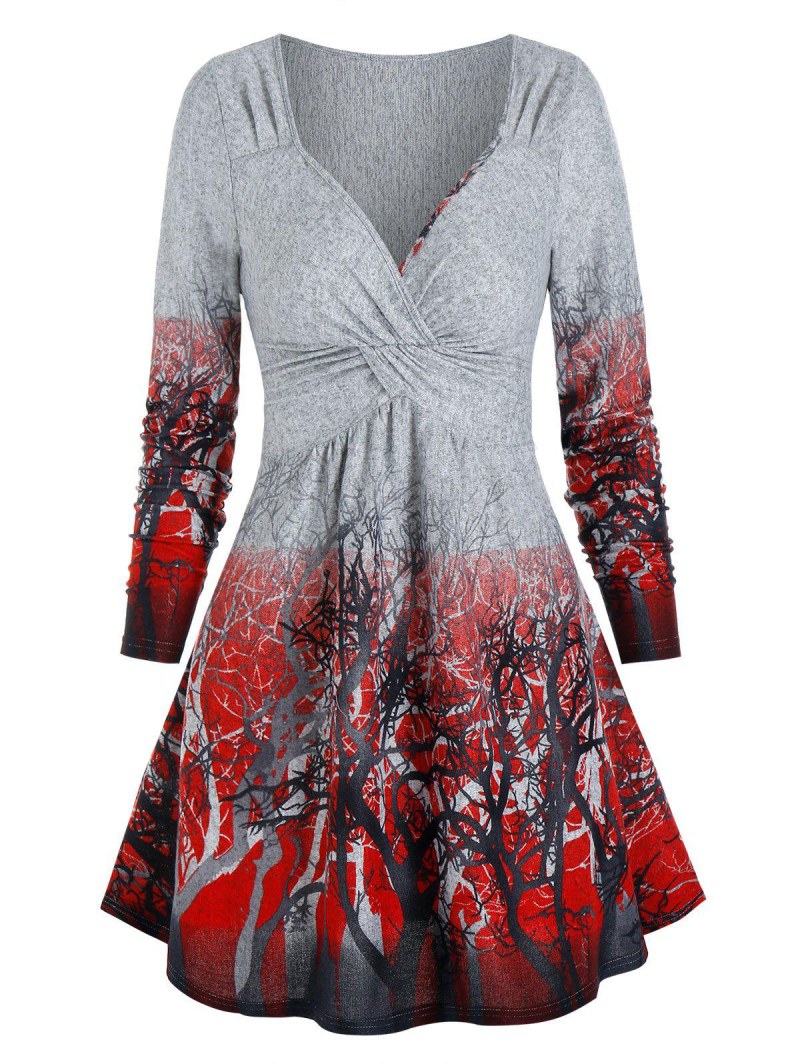 Long Sleeve Trees Print Twist Front Dress