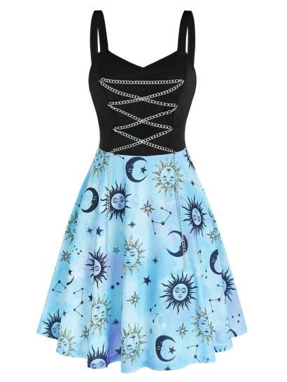 Metal Chain Starry Print High Waist Cami Dress