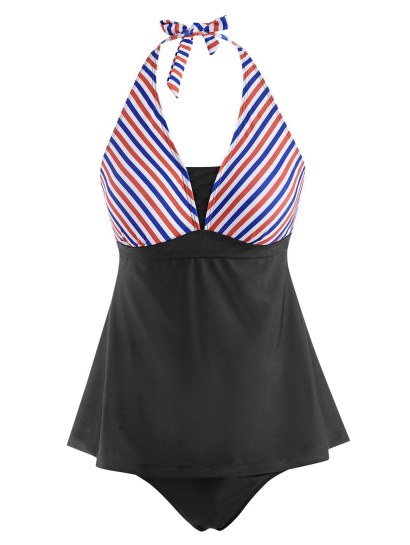Mixed Stripes Panel Skirted Halter Tankini Swimwear