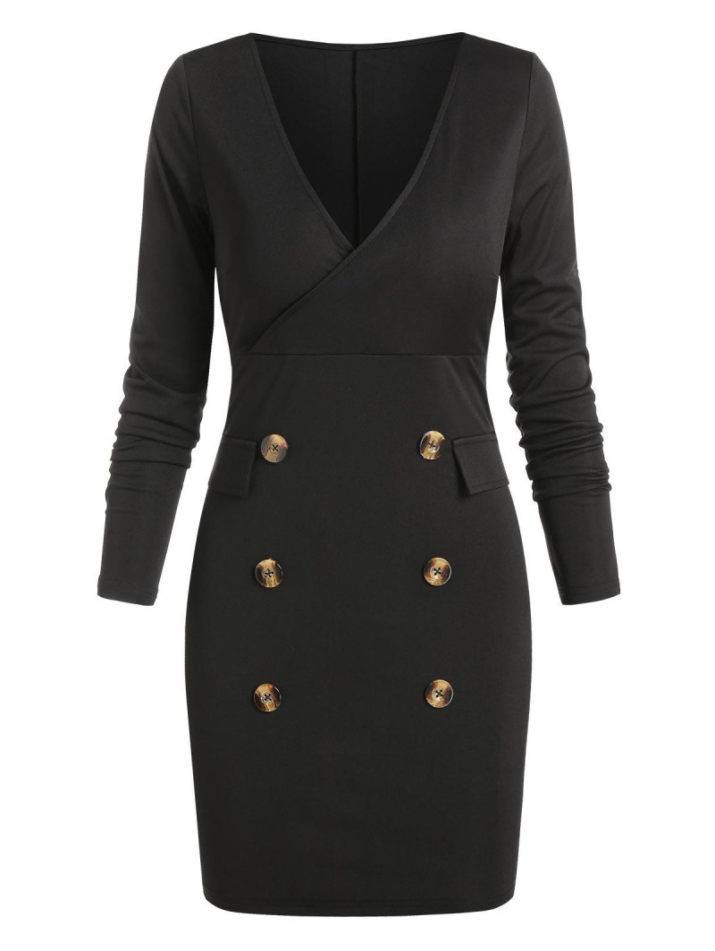 Mock Button Long Sleeve Sheath Dress