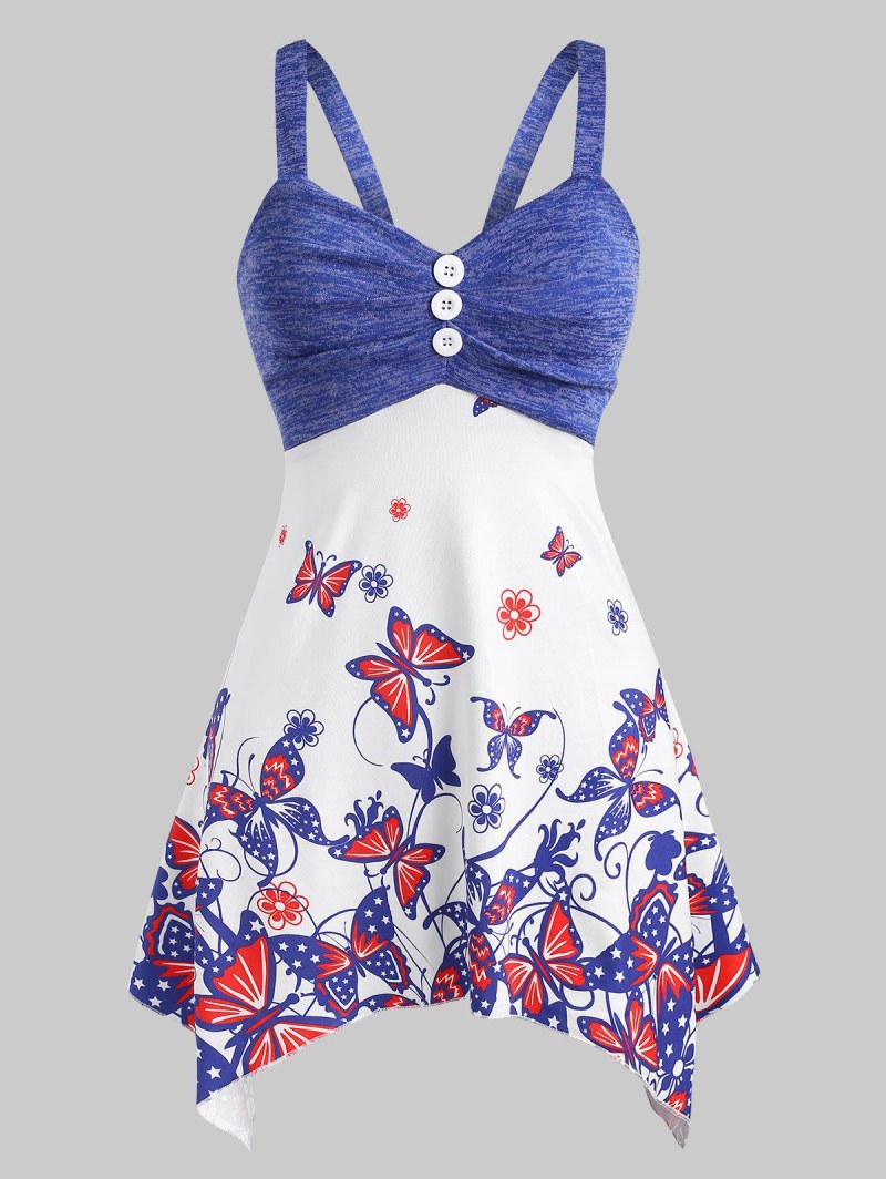 Mock Button Patriotic American Flag Butterfly Handkerchief Tank Top