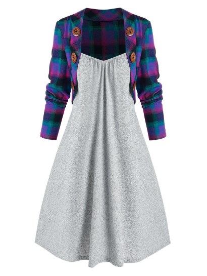 Mock Button Plaid Pattern Twofer Dress