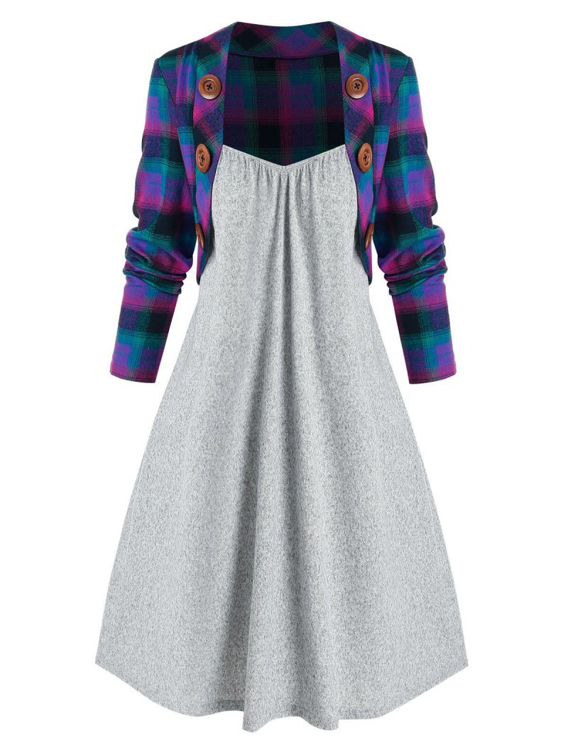 Mock Button Plaid Pattern Twofer Dress