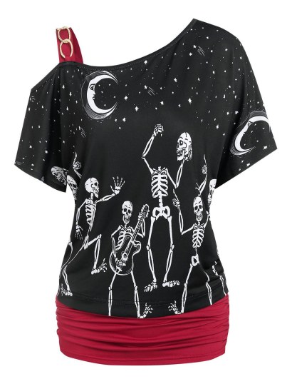 Moon Star Skeleton Print Ruched T-shirt