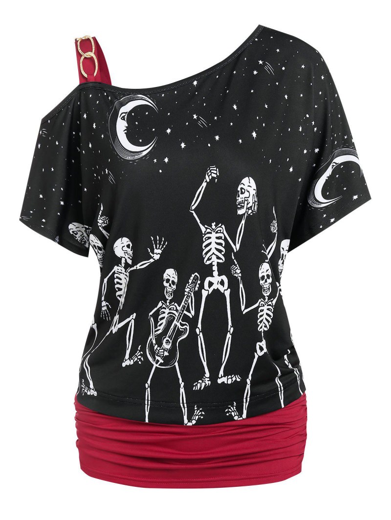 Moon Star Skeleton Print Ruched T-shirt