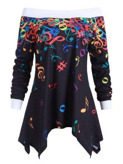 Off Shoulder Musical Note Asymmetric Sweatshirt