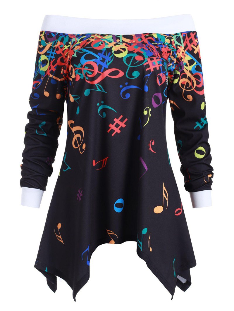 Off Shoulder Musical Note Asymmetric Sweatshirt