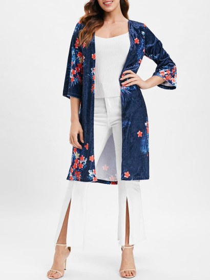 Open Front Floral Longline Velvet Coat