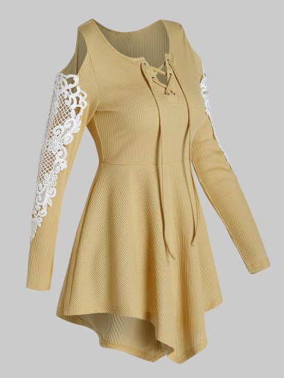 Open Shoulder Lace Panel Asymmetrical T Shirt