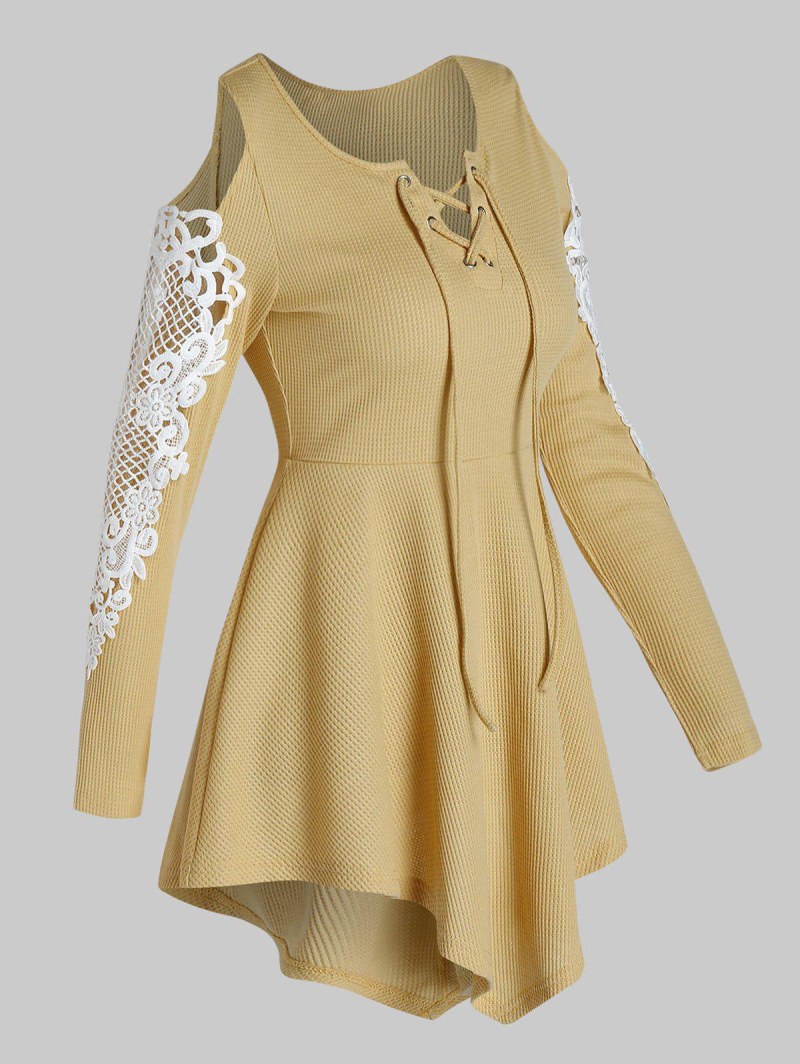 Open Shoulder Lace Panel Asymmetrical T Shirt