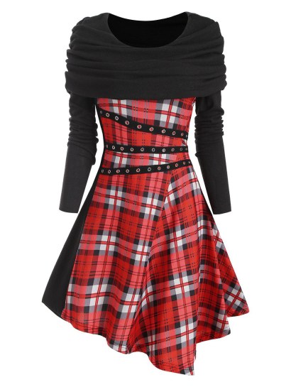 Plaid Grommet Foldover Asymmetrical Dress
