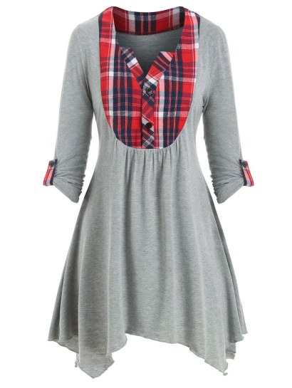 Plaid Insert Button Placket Handkerchief T-shirt