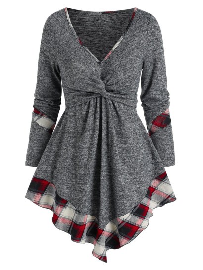 Plaid Pointed Hem Twist Front Sweater