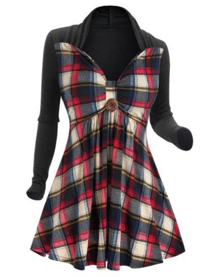 Plaid Print Button Embellished Flare T-shirt