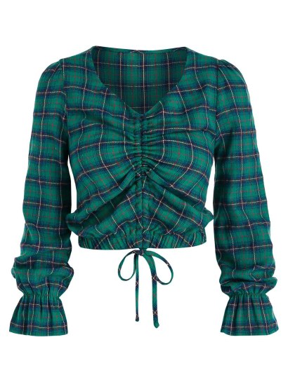 Plaid Print Cinched Cropped Blouse