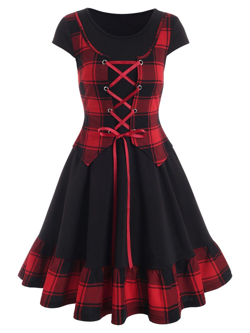 Plaid Print Lace-up Twofer Dress