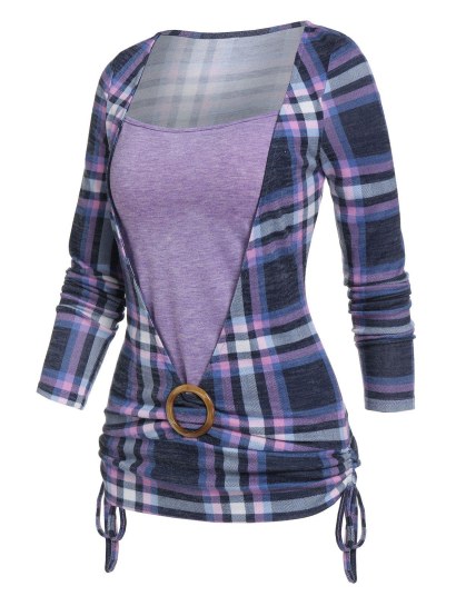 Plaid Print O-ring Cinched Faux Twinset T-shirt
