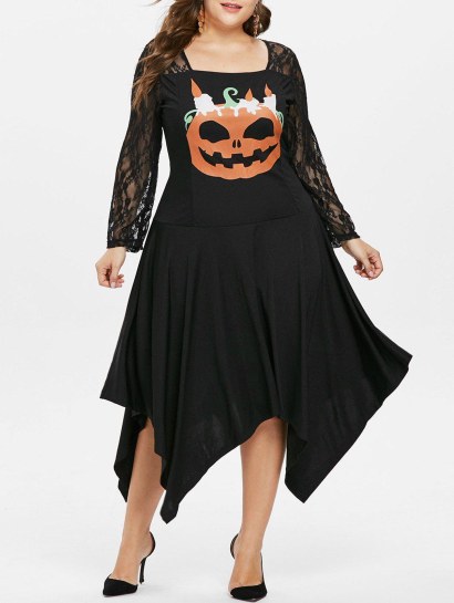 Plus Size Lace Panel Pumpkin Asymmetric Dress