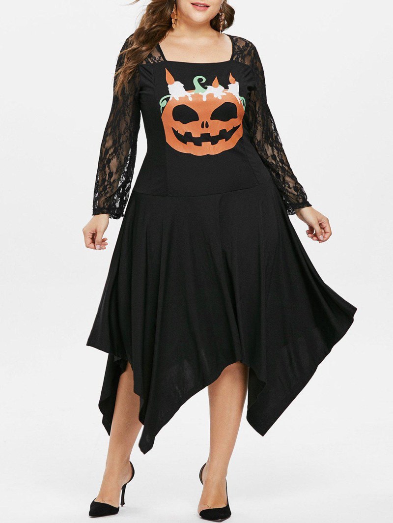 Plus Size Lace Panel Pumpkin Asymmetric Dress