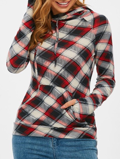 Raglan Sleeve Plaid Kangaroo Pocket Hoodie