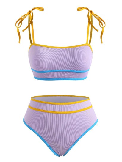 Ribbed Binding Tie Shoulder High Cut Bikini Swimwear