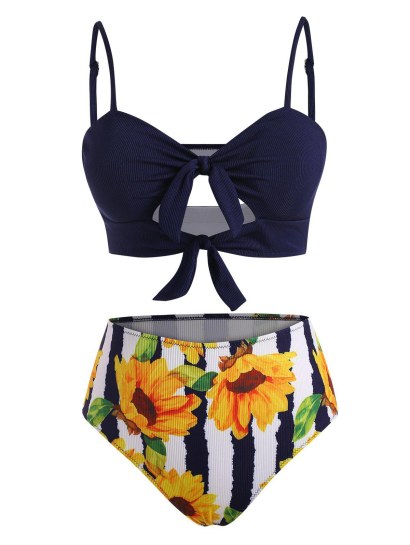 Ribbed Knots Sunflower Striped Cutout Tankini Swimwear