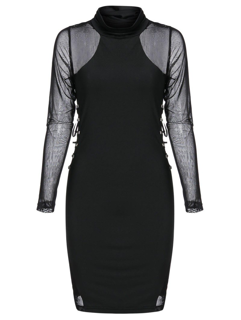 Rivet Embellished Lace-up Mesh Insert Mini Gothic Bodycon Dress