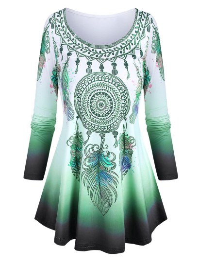 Scoop Neck Dreamcatcher Feather Pattern Gradient T Shirt