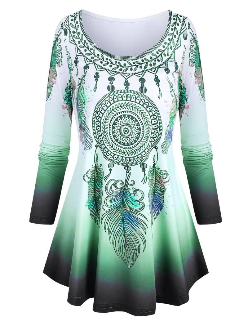 Scoop Neck Dreamcatcher Feather Pattern Gradient T Shirt