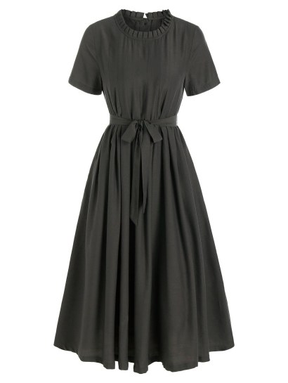 Short Sleeve Pleated Belted Casual Dress