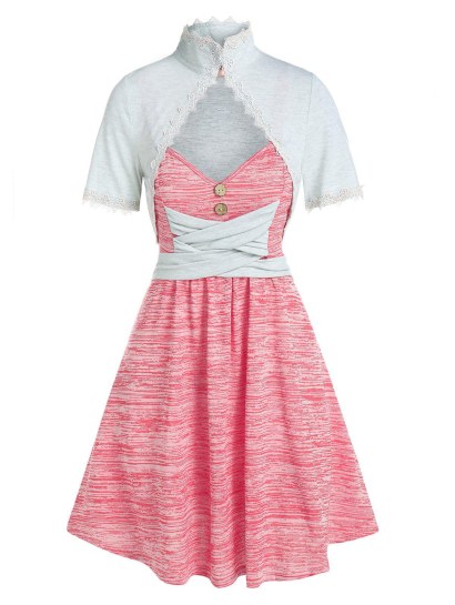 Sleeveless Space Dye Print Dress And Lace Trim Top