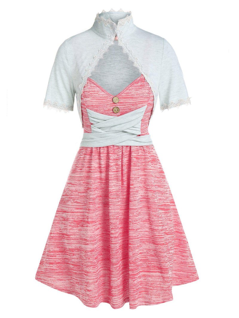 Sleeveless Space Dye Print Dress And Lace Trim Top