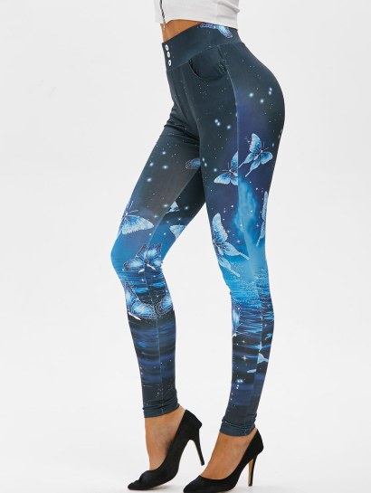 Slip Pockets Butterfly Print Leggings