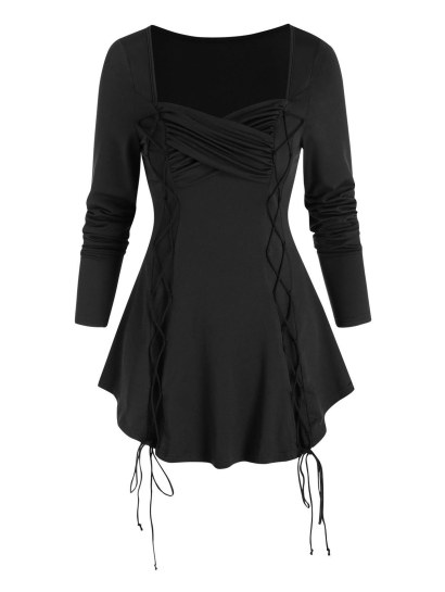 Solid Criss Cross Ruched Lace Up T Shirt