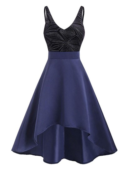 Spaghetti Strap Sequined Velvet Bodice High Low Dress