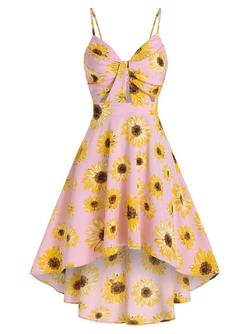 Spaghetti Strap Sunflower Print High Low Dress