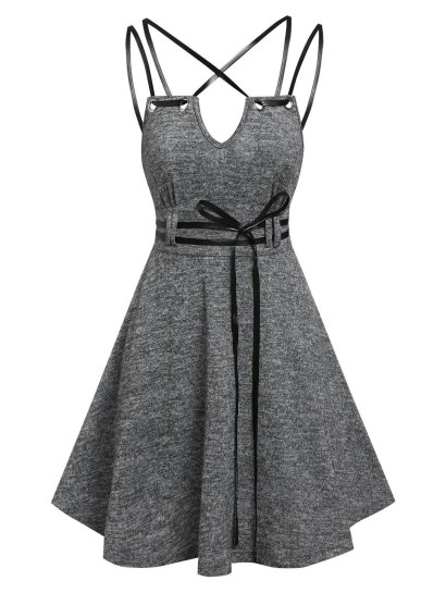 Strappy Heathered Belted Flare Dress