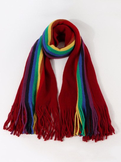 Stripe Rainbow Color Fringe Knitted Scarf
