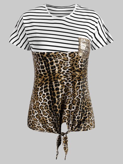 Striped Leopard Self-tie Sequined Front Pocket Tee