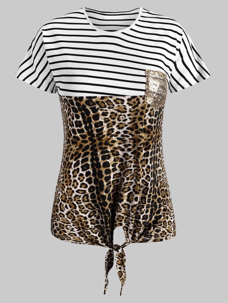 Striped Leopard Self-tie Sequined Front Pocket Tee