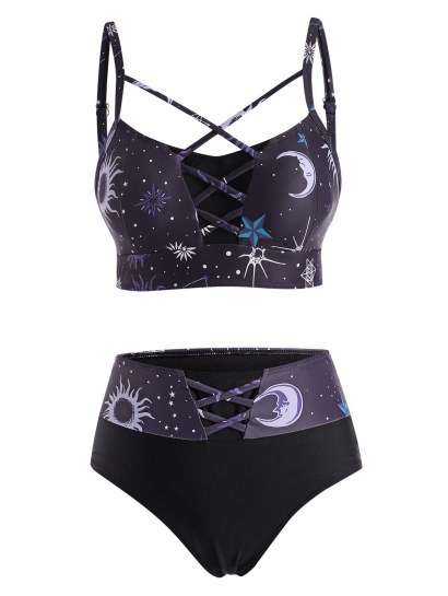 Sun Star Moon Print Crisscross Tankini Swimwear