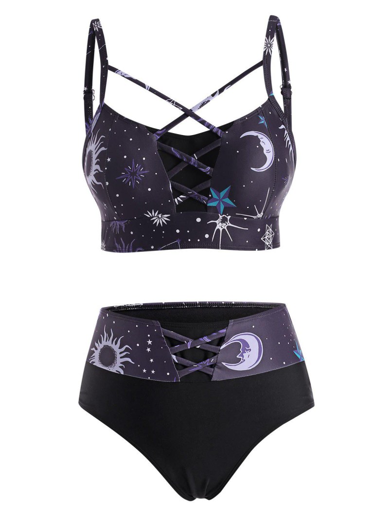 Sun Star Moon Print Crisscross Tankini Swimwear