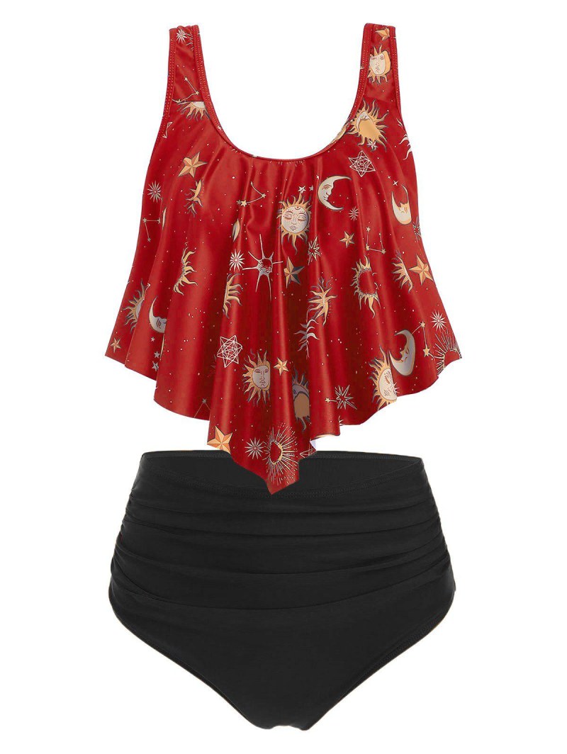 Sun Stars Moon Flounce High Waisted Tankini Swimsuit