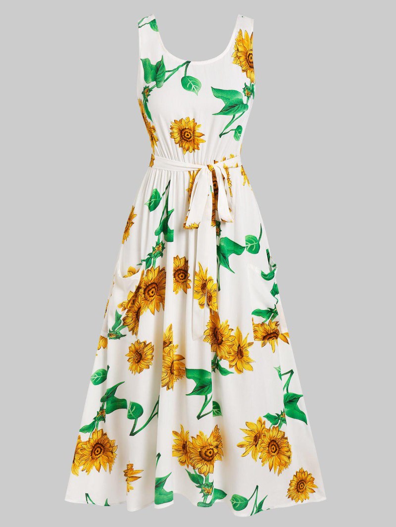 Sunflower Pattern Pockets Mini Dress