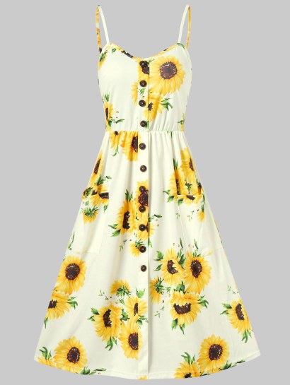 Sunflower Print Button Up A Line Cami Dress